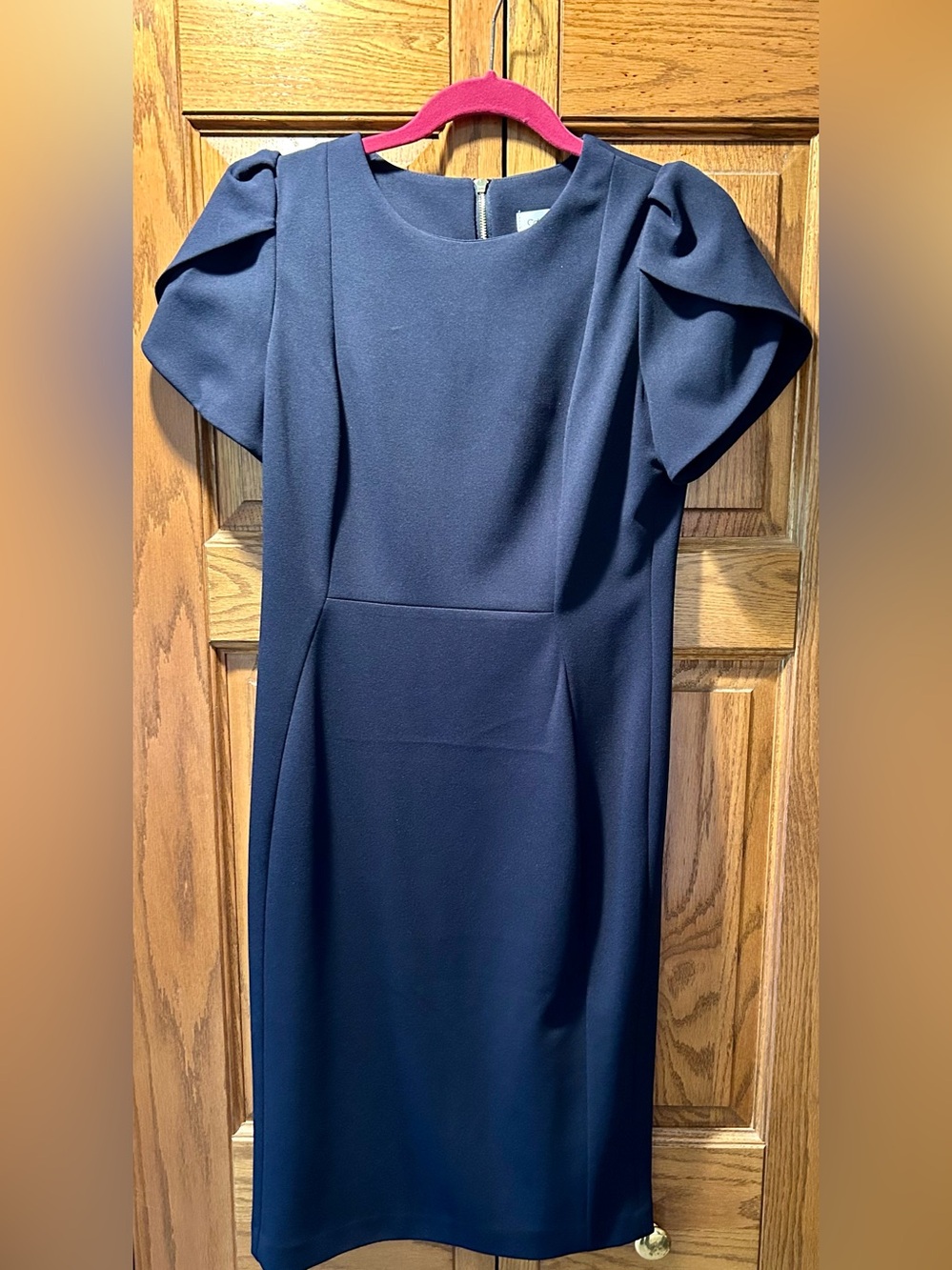 Calvin Klein Navy Puff-Sleeve Midi Sheath Dress